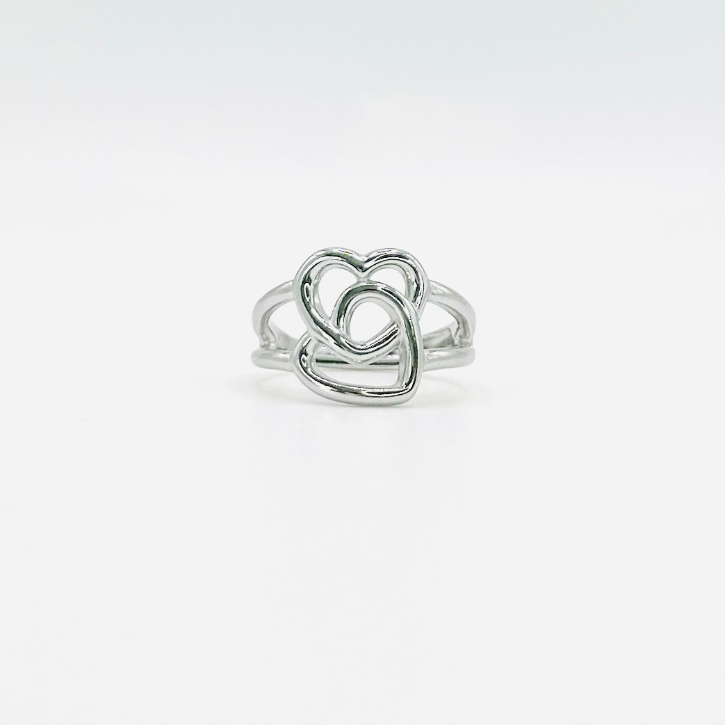 Double Hearts Ring Stainless Steel Silver Adjustable