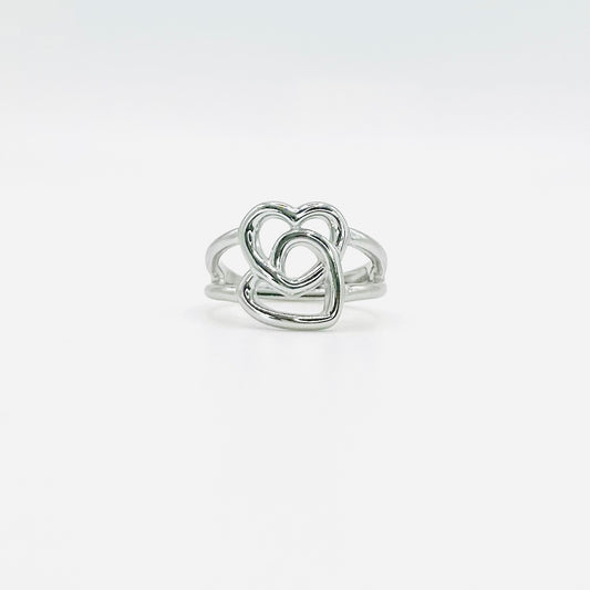 Double Hearts Ring Stainless Steel Silver Adjustable